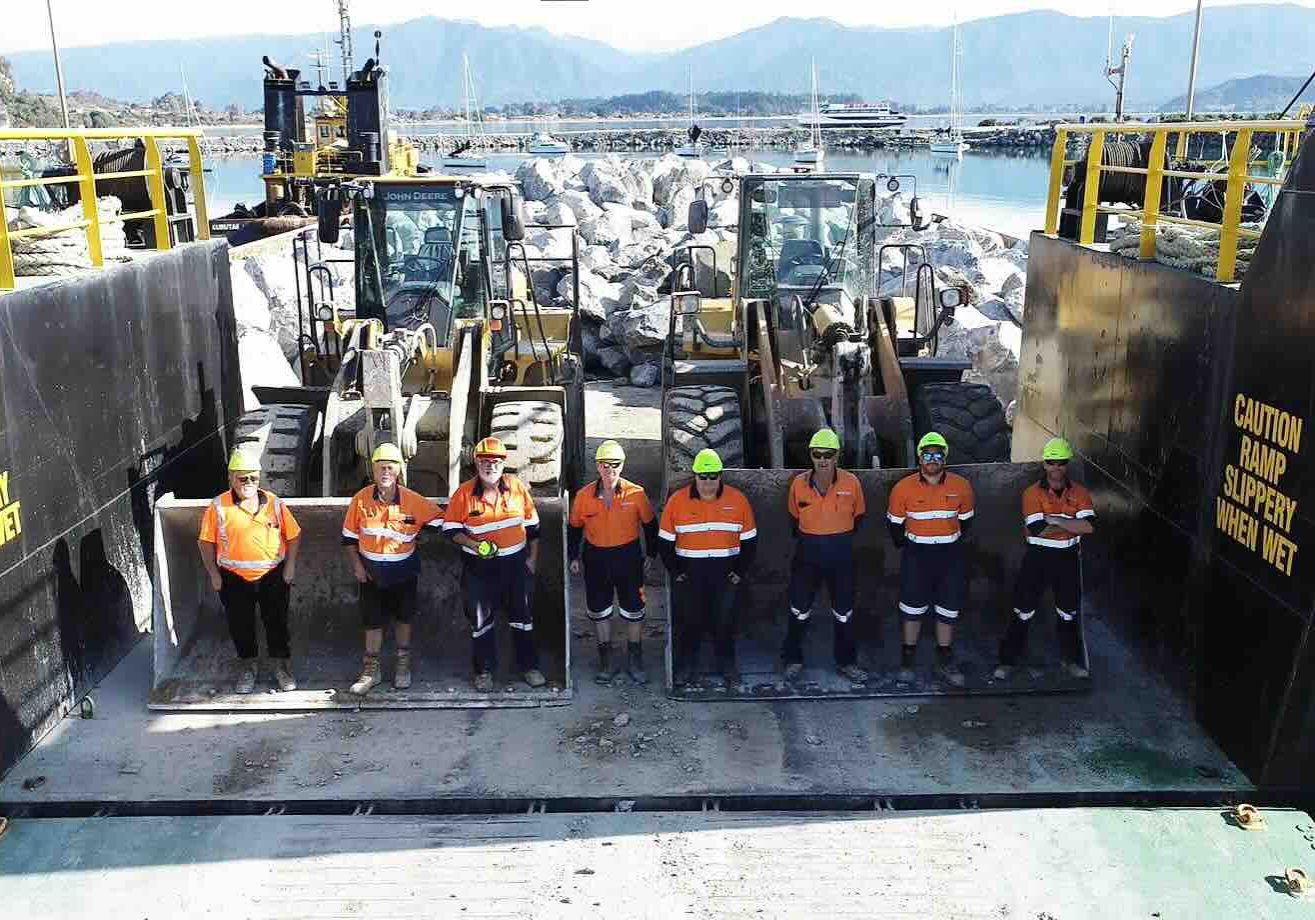 Pictured at Port Tarakohe from left to right are: Alan Brunning (Sollys), Kevin ‘Skin’ Bruning, Neil McKay, Wayne ‘Swassie’ Schwass, Ben Burbidge, Mick Fenemore, Kerry ‘Butch’ Schofield and Rob Cumming.